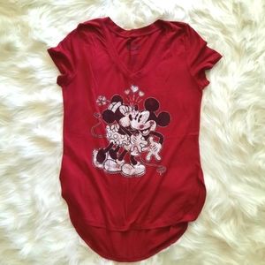 Disney - Mickey Mouse and Minnie Mouse Kissing with Hearts - Red Graphic T Shirt
